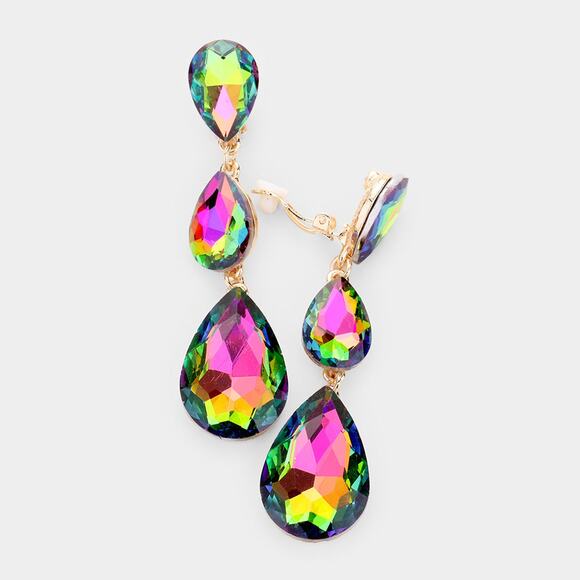 Clip on 3" long gold, green and pink graduated teardrop stone earrings - Picture 2 of 4